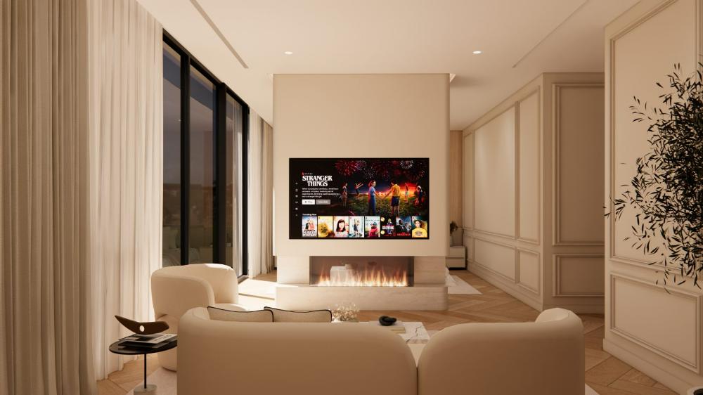 Bedroom media wall and fire
