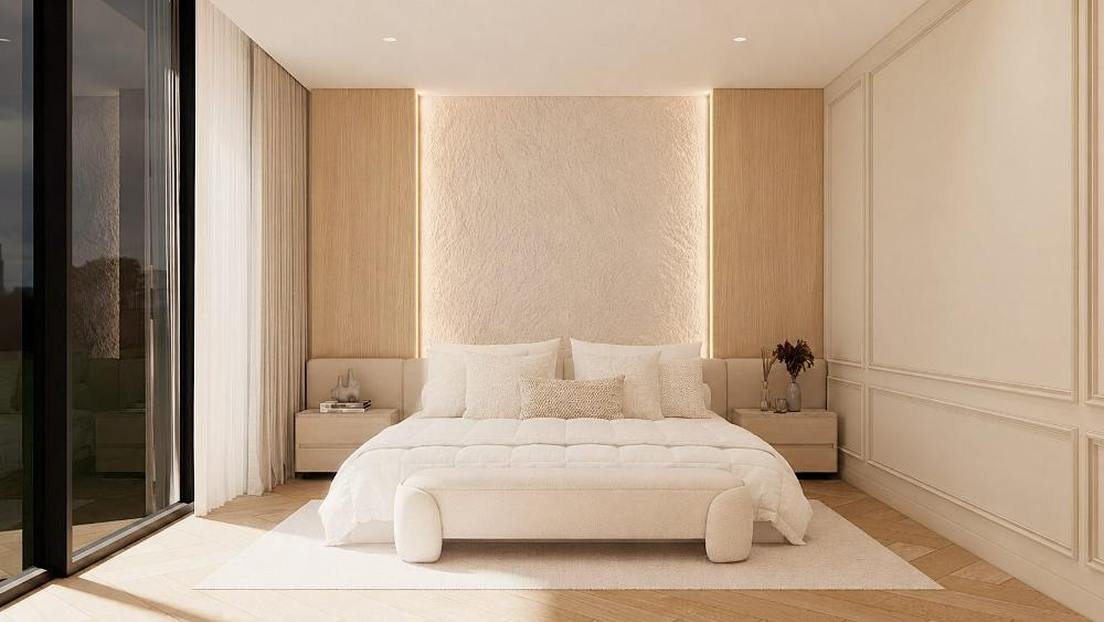 Master suite — lit plaster headboard