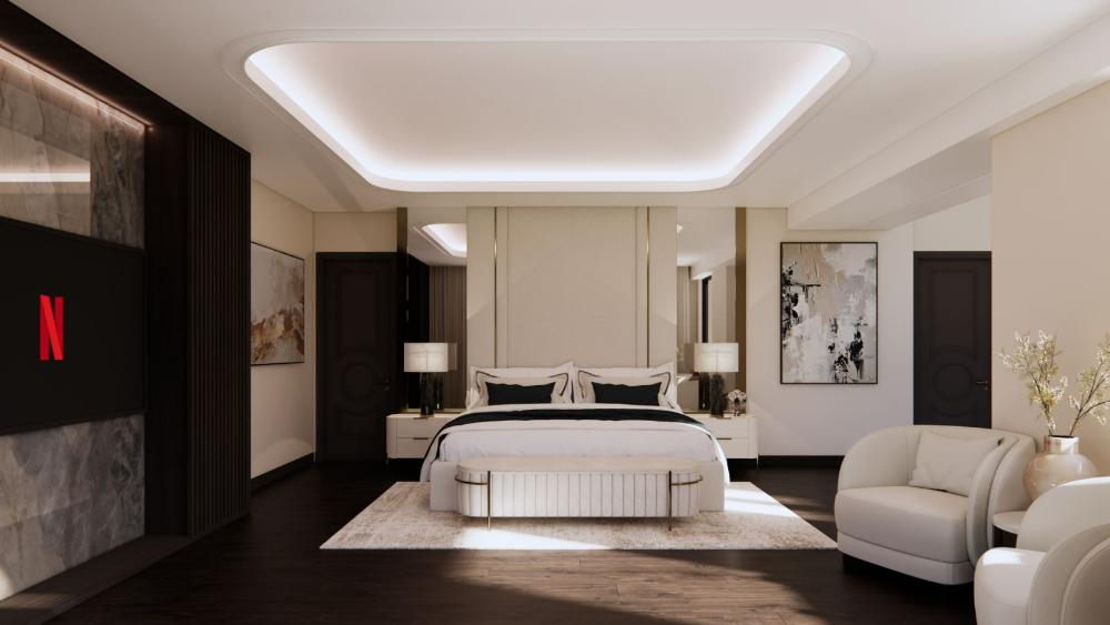 Master suite — media wall and headboard panelling