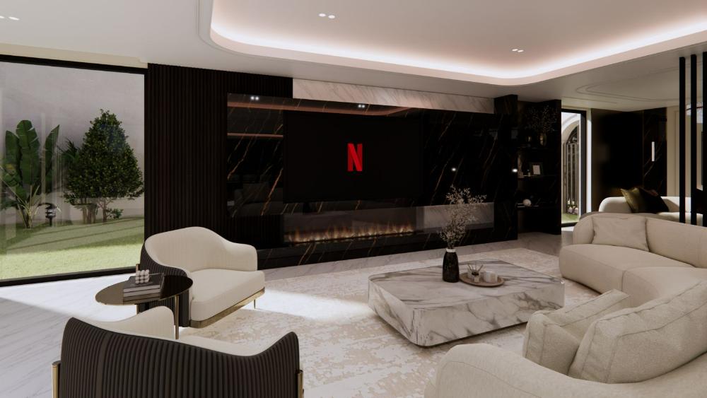 Living room with marble fire wall