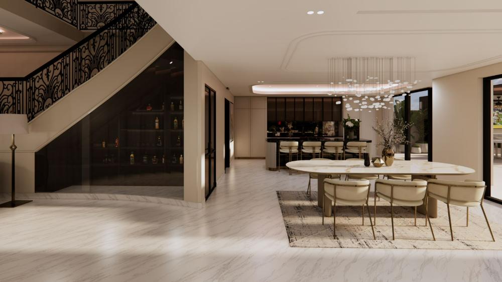 Stair, whisky room and dining