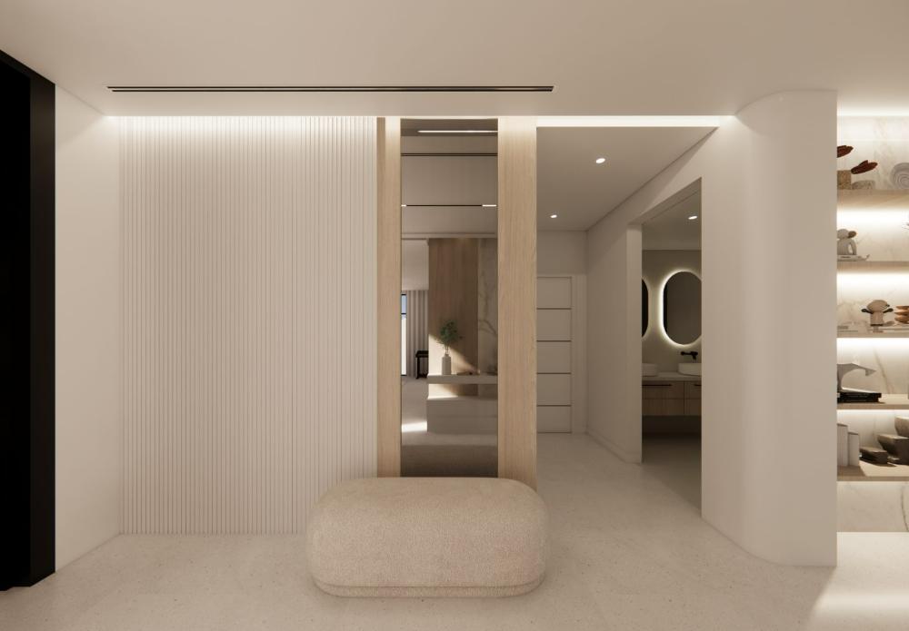 Foyer, shoe display and bench