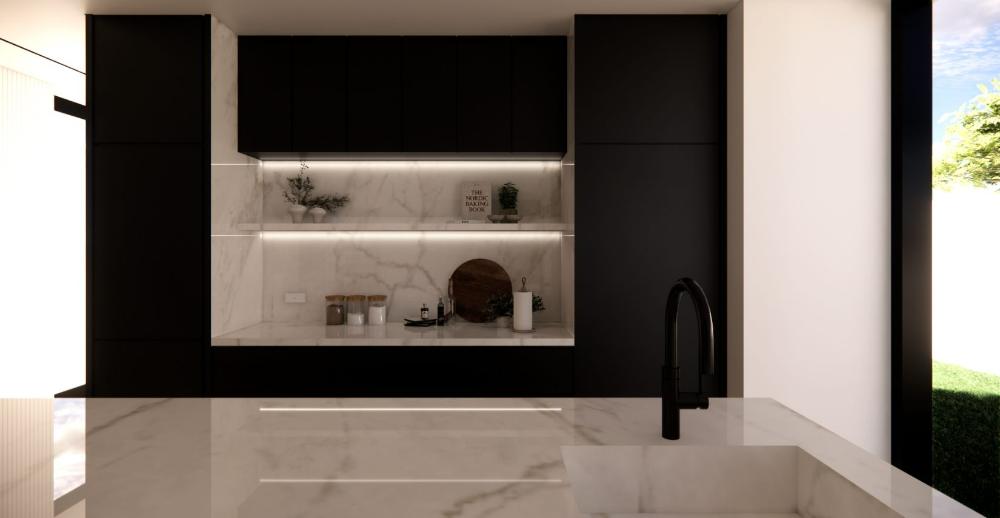 Kitchen island and folding glazing